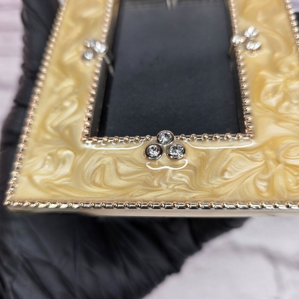 Vtg Golden Marbelized Art Deco Rhinestone Beading Edge Trim Photo Frame 1.5X 2.5 - Picture 5 of 9